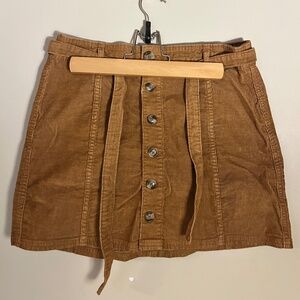 Brown corduroy skirt with tie up belt and buttons